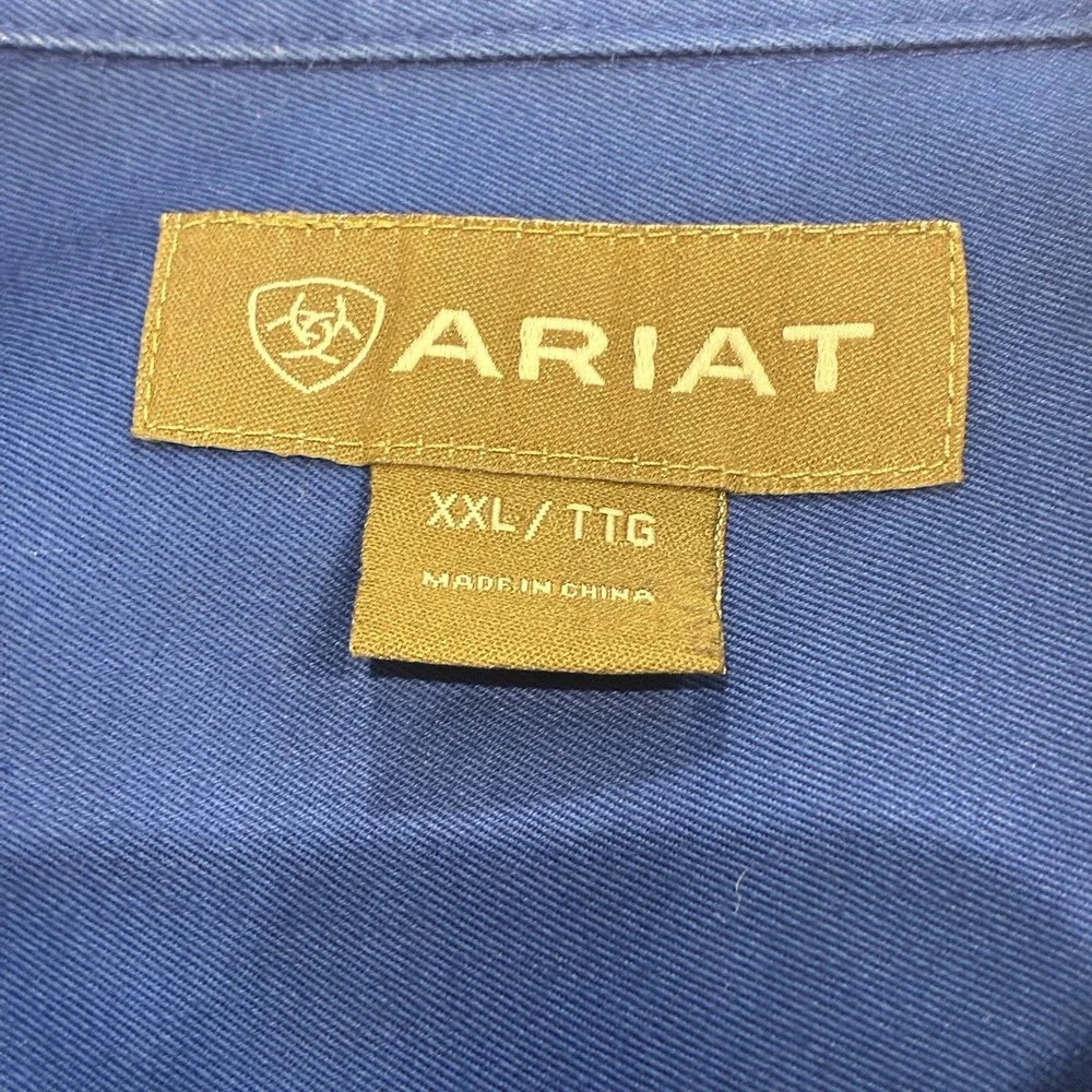 Ariat Mens Long Sleeve Button Up Shirt 2XL Royal Blue Embroidered Spellout Rodeo
